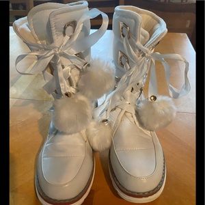 BUCCO White Puffer Lace Up Boots with Pom poms